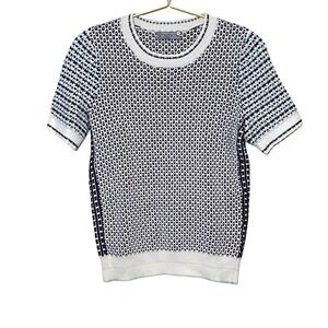Anthropologie Short Sleeve Knit Top Geometric Pattern White Black Size S